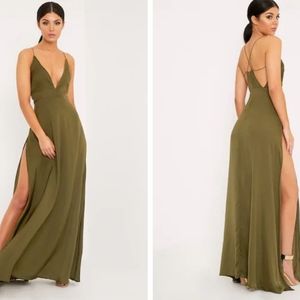 Khaki Extreme Split Strappy Back Maxi Dress